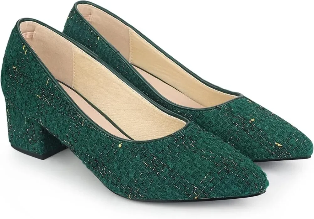 Allegra K Women Sz 9 Dark Green Gold Tweed Wedge Heels Wedding Granny Retro